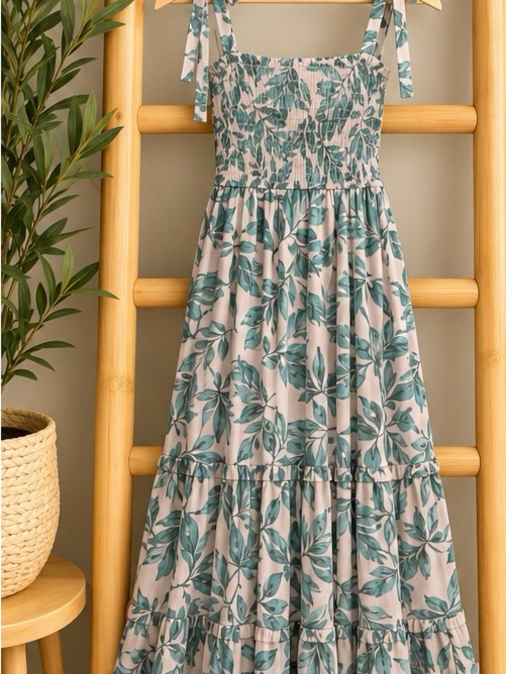 VICI Beige Green Leaf Print Shoulder Tie Maxi Dress Size Small NWOT